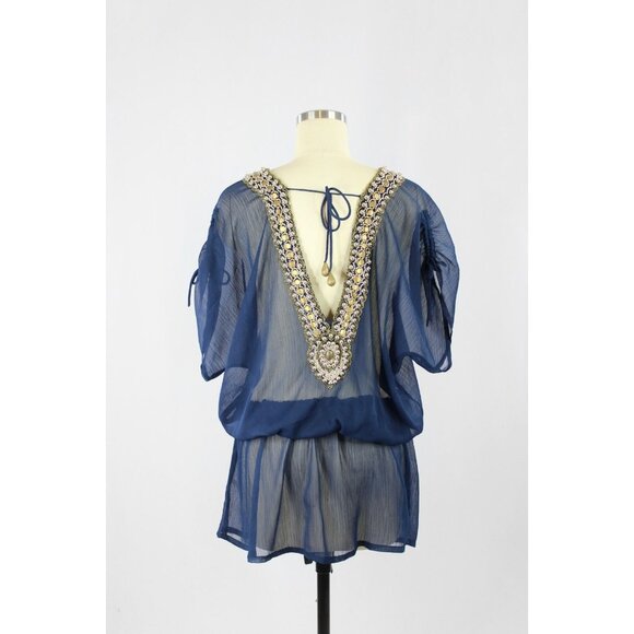 YEMANJA IBIZA Navy Beaded Beaded Embellished Sheer Crepon Cover-Up, One Size - Picture 3 of 12